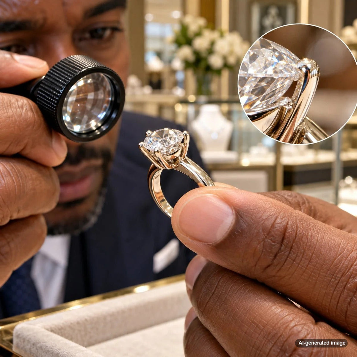 Close-up of a diamond ring setting showing prongs that should be checked for signs of a loose diamond