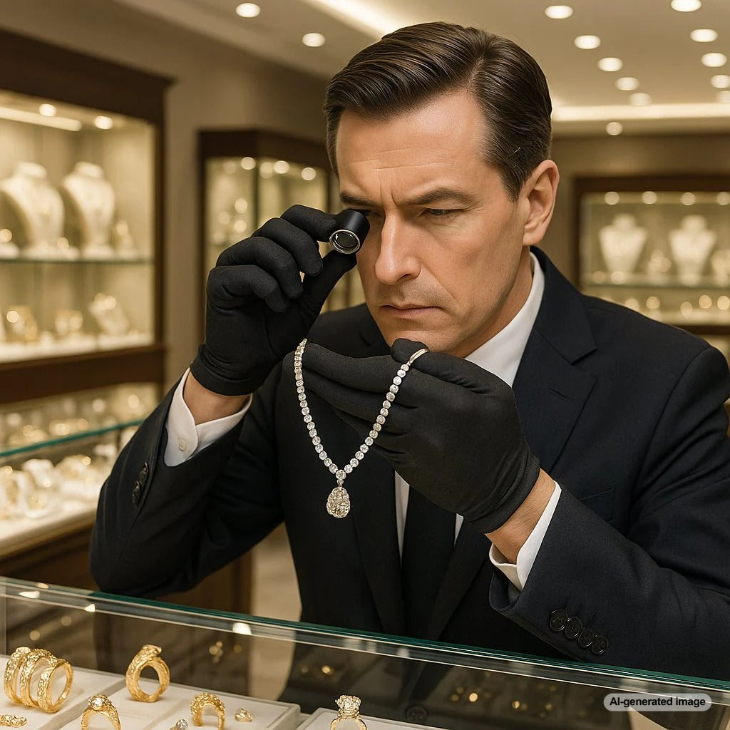Woman excitedly examining jewelry during a sale at Robinson's Jewelers