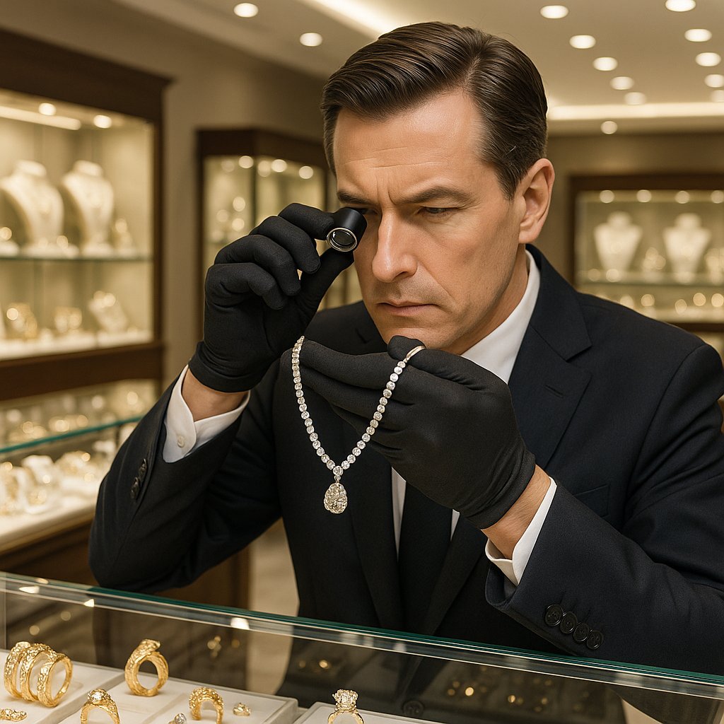 Woman excitedly examining jewelry during a sale at Robinson's Jewelers