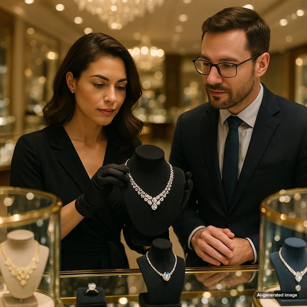 Close-up of a diamond being examined by a jeweler with a loupe at Robinson's Jewelers