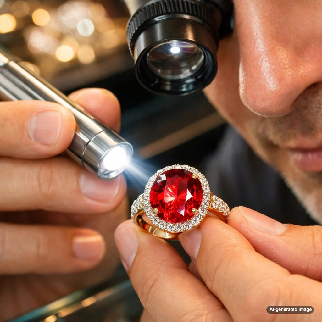 Close-up photo showing a flashlight beam revealing a blue flash effect inside a glass-filled ruby stone.