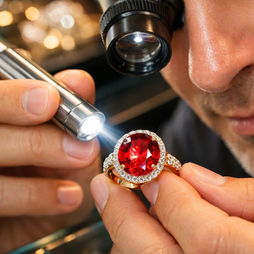 Close-up photo showing a flashlight beam revealing a blue flash effect inside a glass-filled ruby stone.