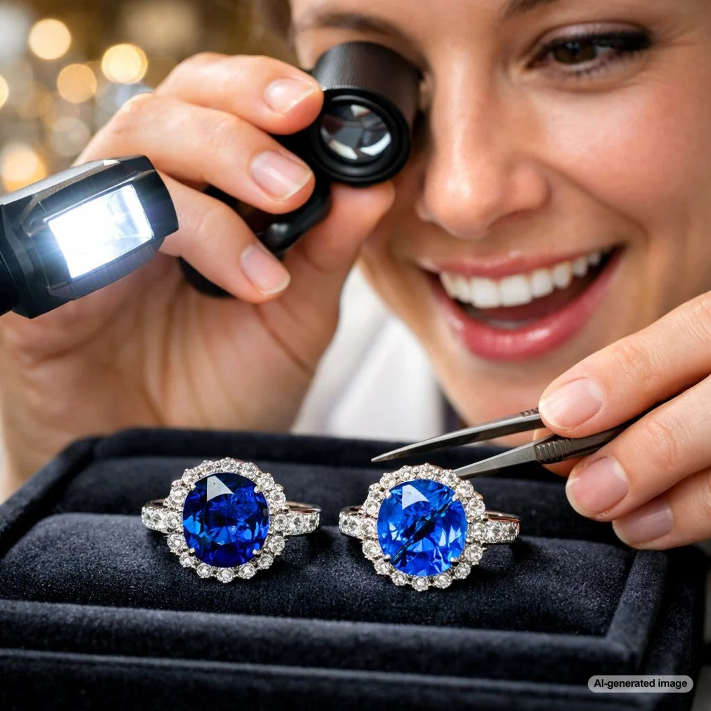Close-up comparison of heat-treated and natural sapphire stones showing color and inclusion differences.