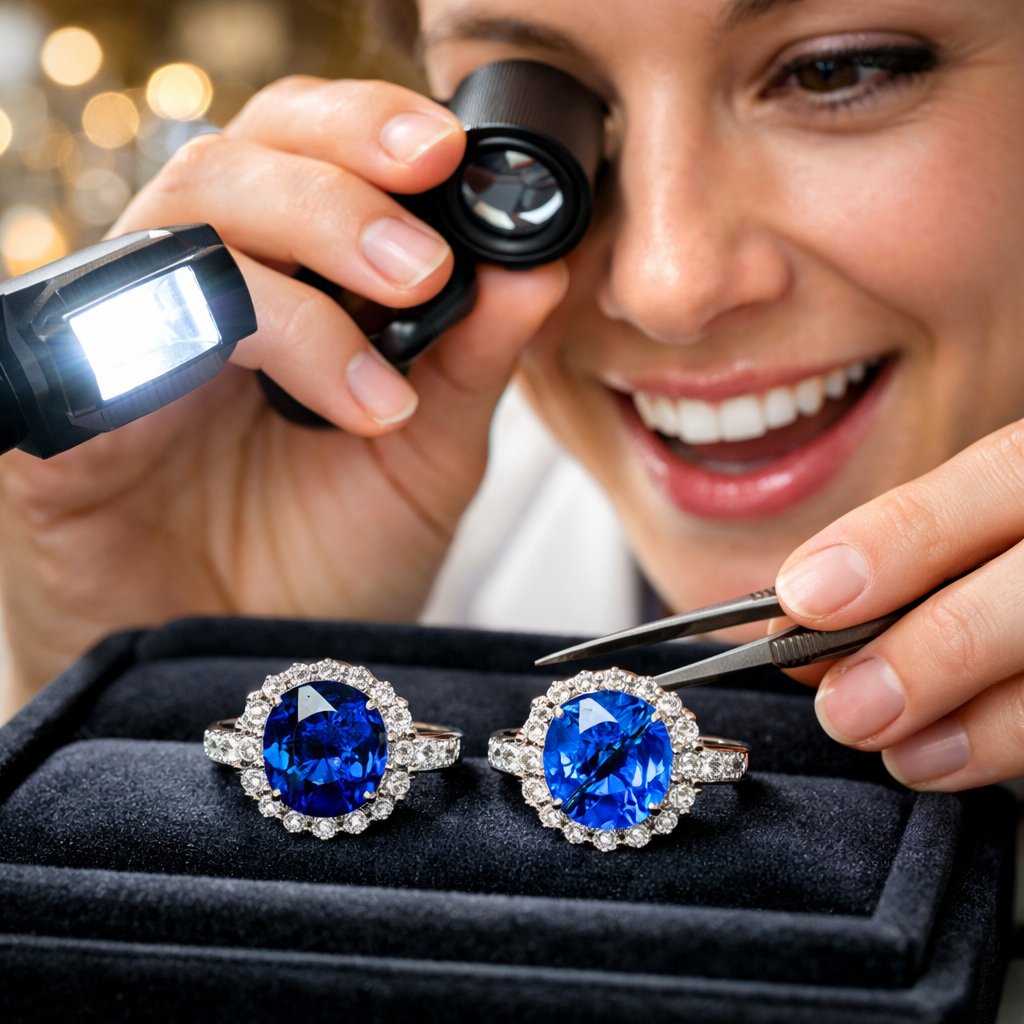 Close-up comparison of heat-treated and natural sapphire stones showing color and inclusion differences.