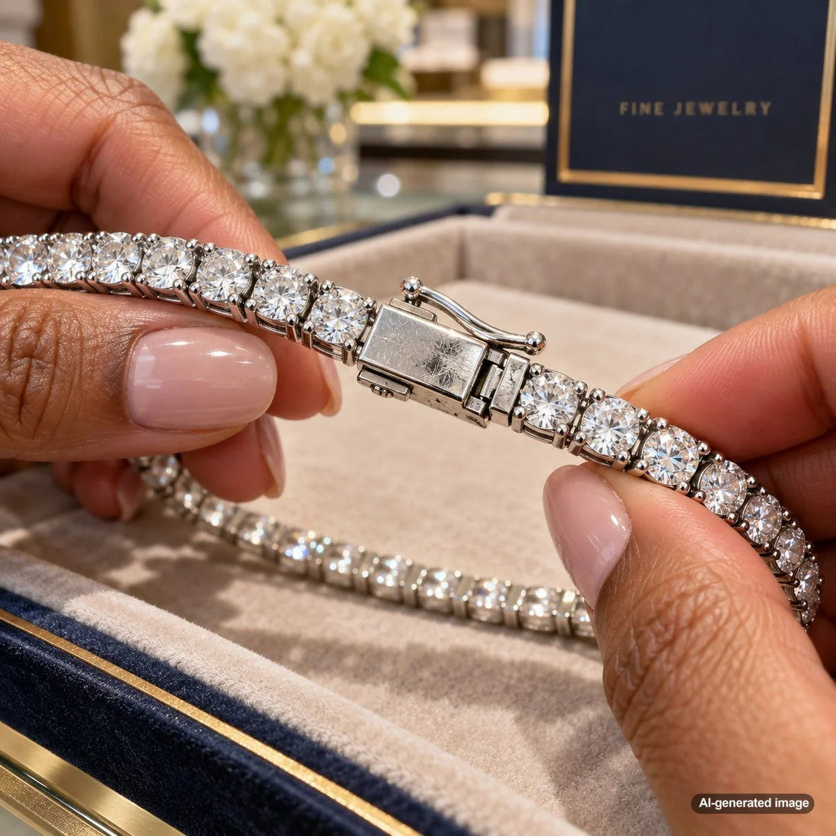 Tennis bracelet clasp inspection showing how to recognize signs of wear, loose locking mechanisms, and potential clasp failure before a diamond bracelet opens unexpectedly