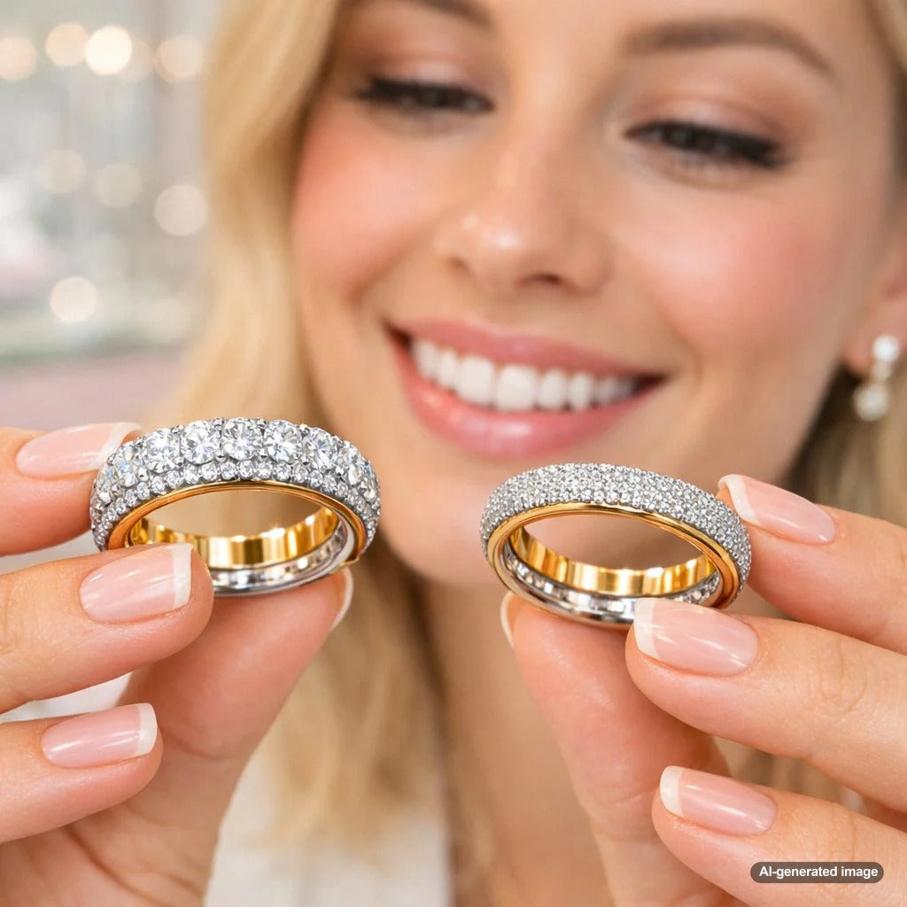 Close-up comparison of a pave setting and a micro-pave setting on diamond rings, highlighting the difference in stone size and metal visibility.