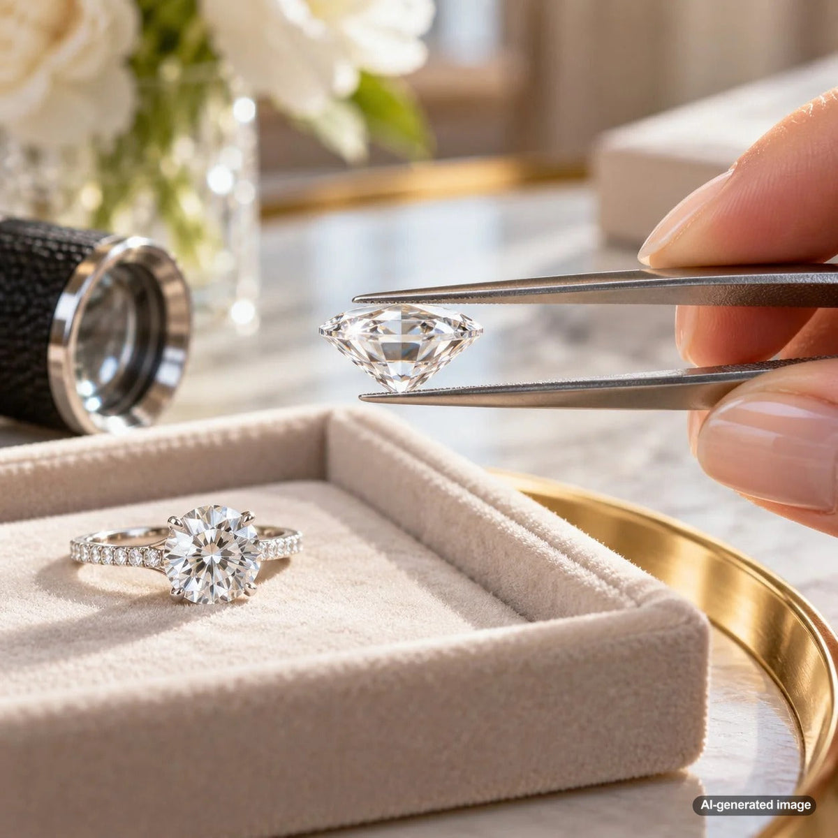 Close-up diamond showing proportions and shallow cut characteristics for evaluating diamond brilliance