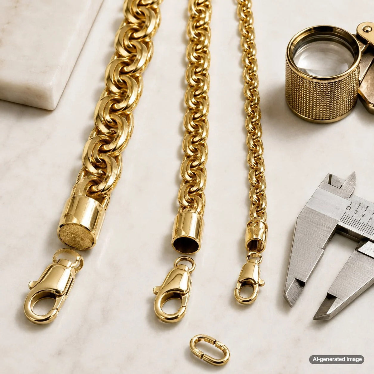 Gold chain jewelry illustrating solid, hollow, and semi-hollow chain construction