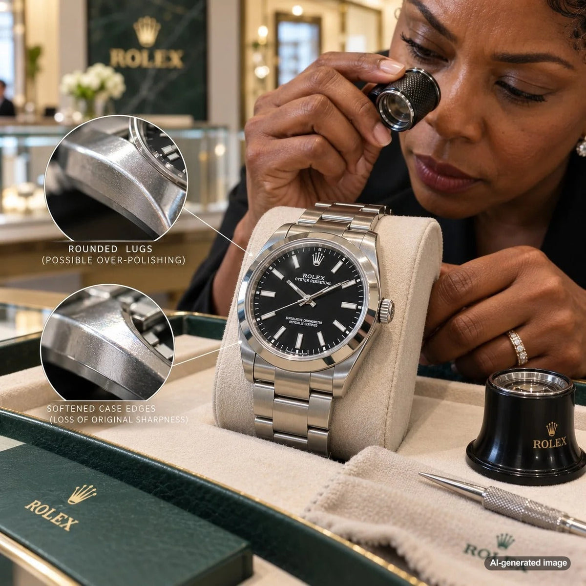 Pre-owned Rolex watch highlighting case lugs, crown guards, polished surfaces, and details buyers should inspect for signs of excessive polishing