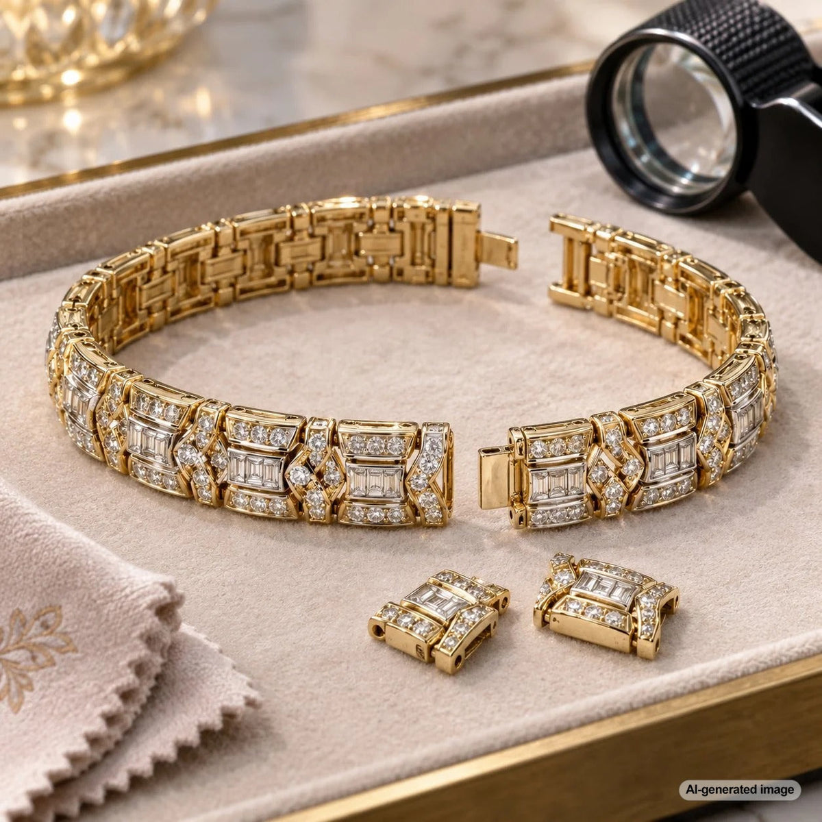Estate bracelet displayed for close inspection of links, clasp, and signs of previous resizing