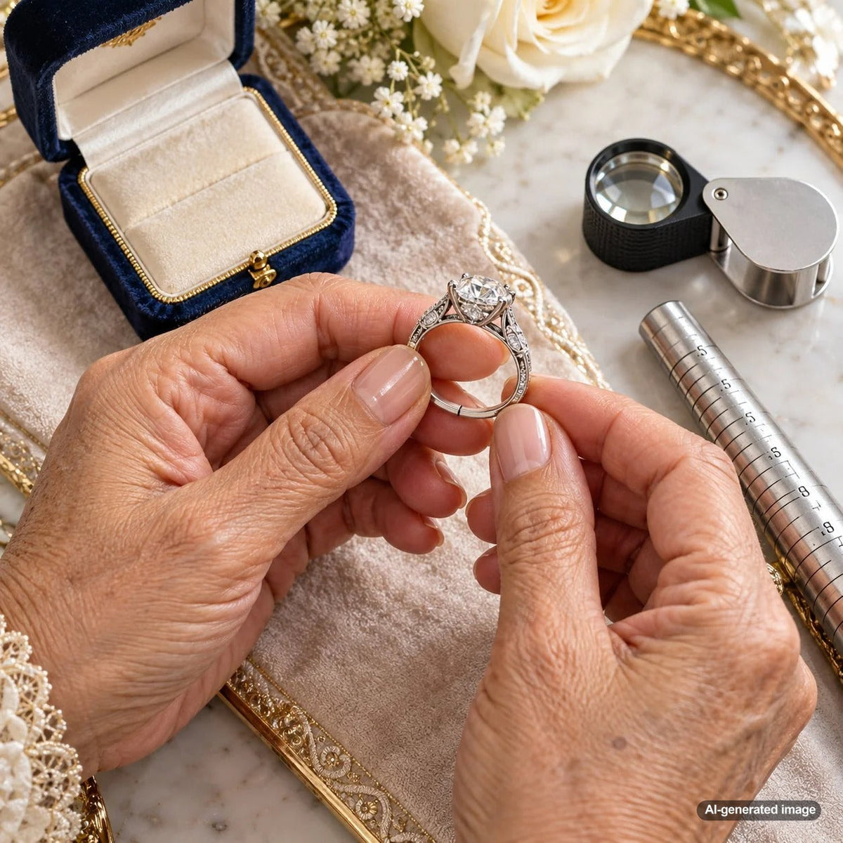 Estate ring displayed for inspection to identify signs of previous resizing