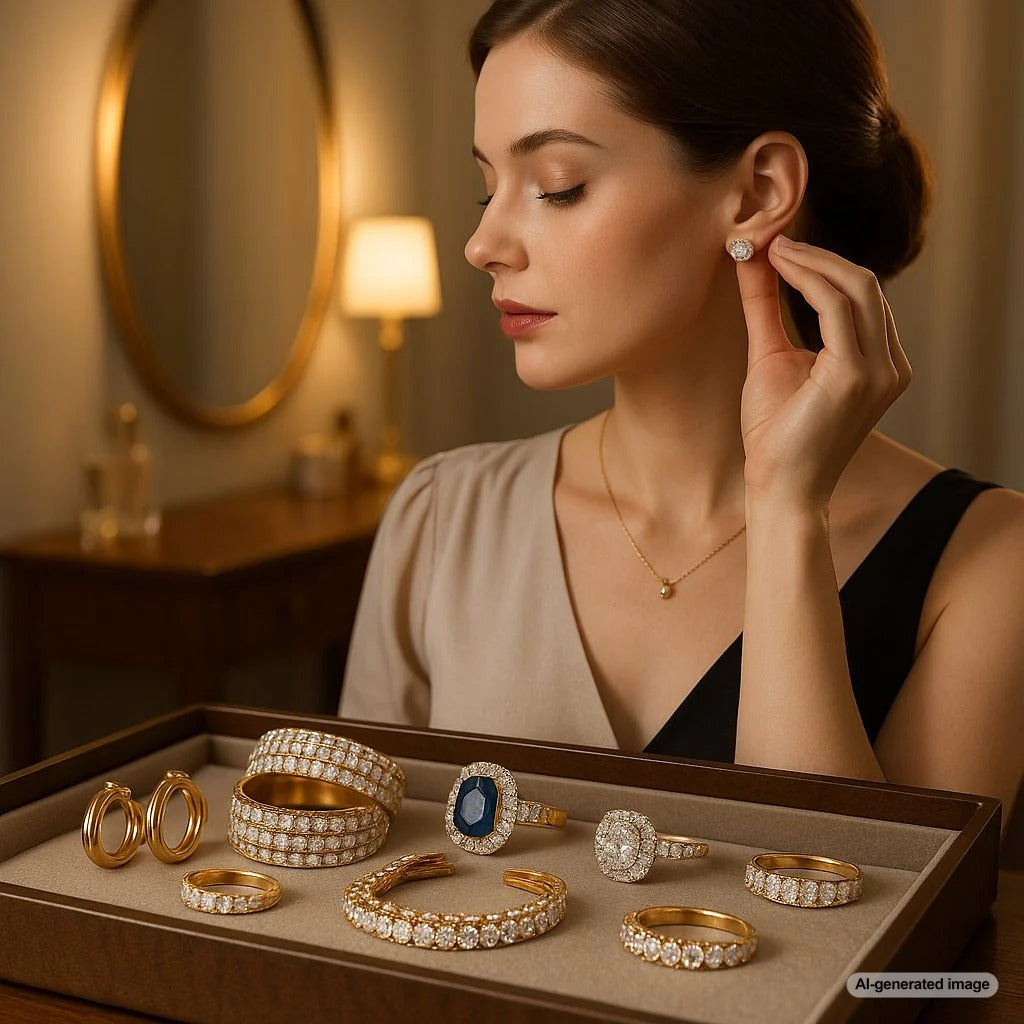 Elegant jewelry transition from minimalist daytime pieces to glamorous evening statement jewelry