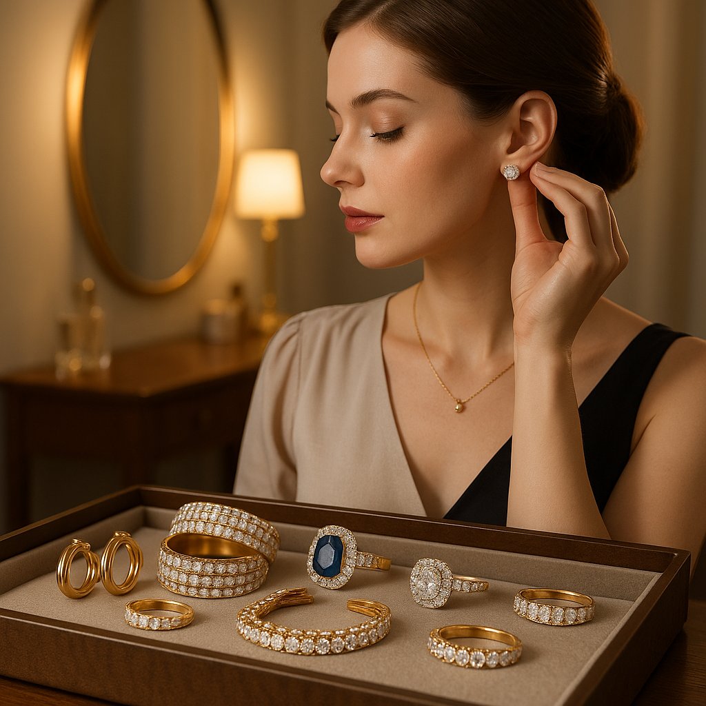 Elegant jewelry transition from minimalist daytime pieces to glamorous evening statement jewelry