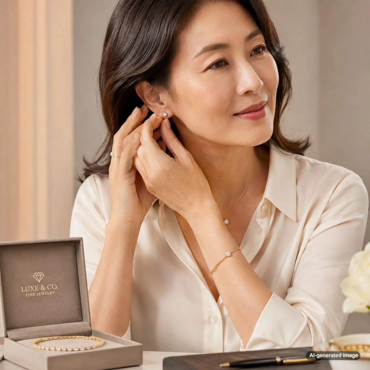 A woman transitioning her jewelry look from daytime professional to evening glamor at a desk and dinner table setting.