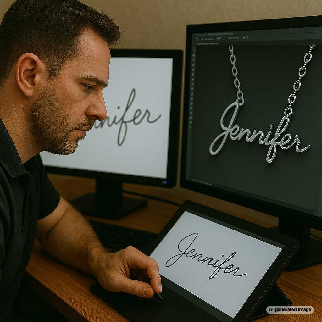 Custom handwriting jewelry featuring engraved necklace with sentimental script in elegant gold setting