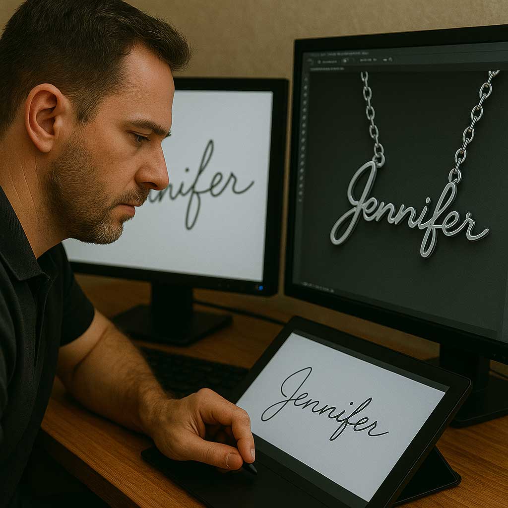 Custom handwriting jewelry featuring engraved necklace with sentimental script in elegant gold setting