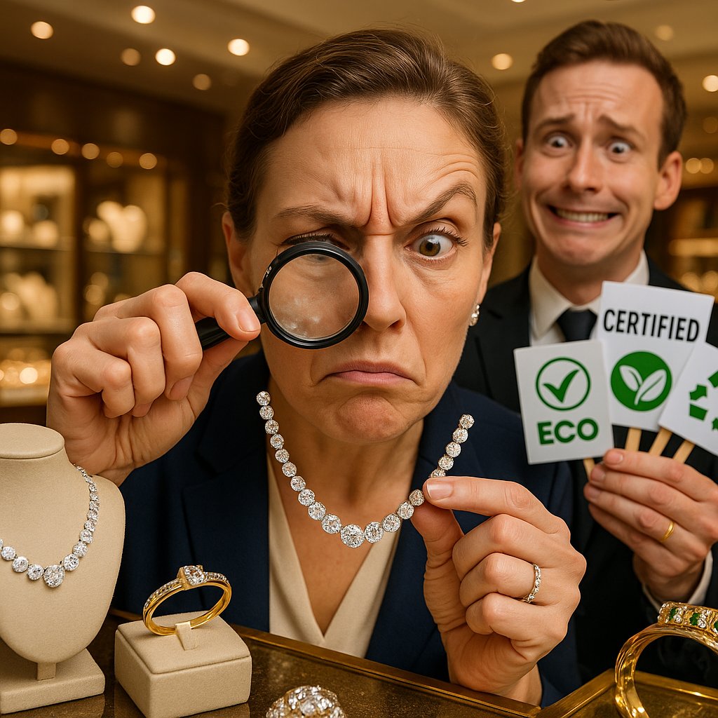 Woman examining a beautiful piece of sustainable jewelry with a magnifying glass against a natural background