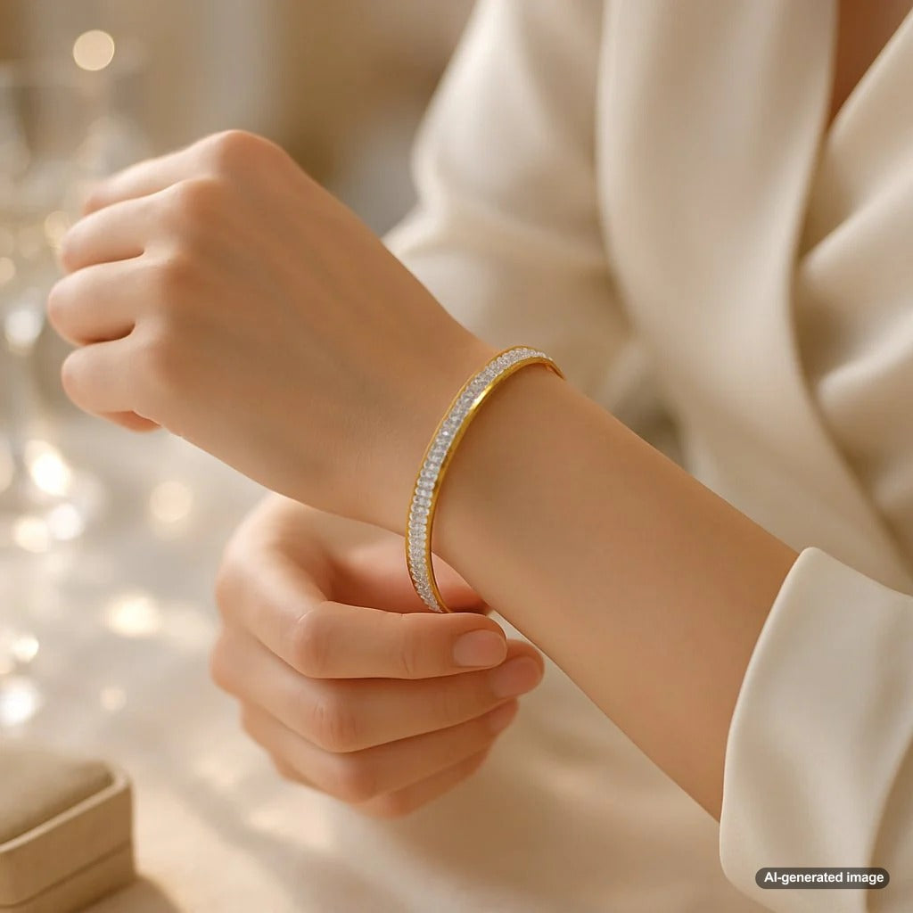 Stylish woman wearing multiple bangle bracelets that stay perfectly in place on her wrist