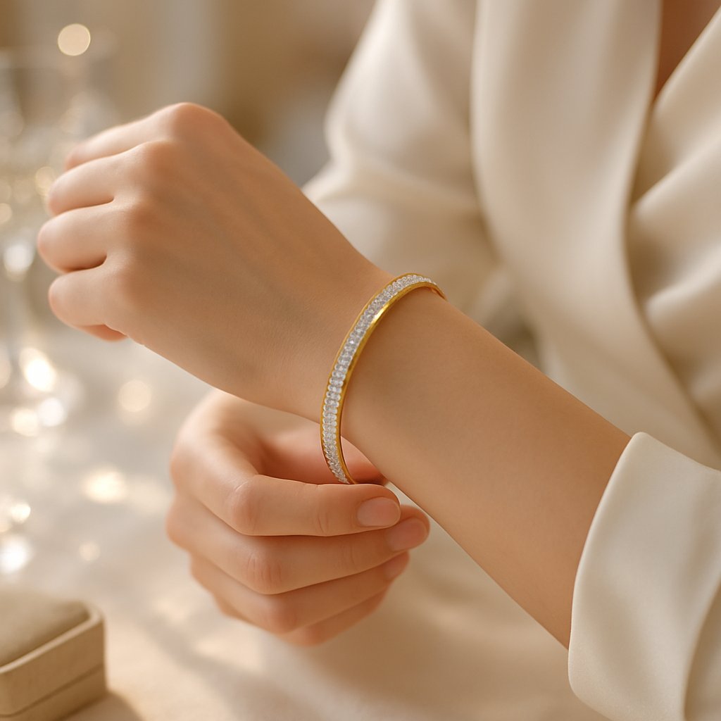 Stylish woman wearing multiple bangle bracelets that stay perfectly in place on her wrist