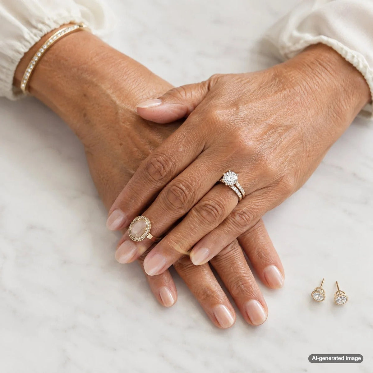 Bold statement ring styled elegantly alongside an engagement ring for a balanced fine jewelry look