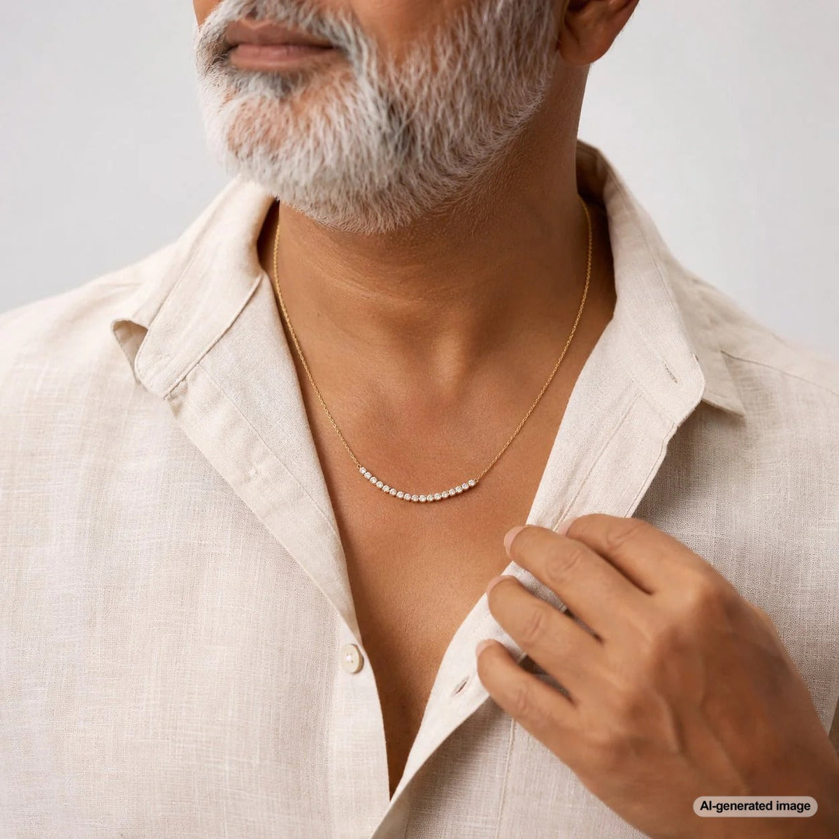 A stylish woman wearing a diamond line necklace with a casual daytime outfit, showcasing how to wear diamonds with daywear.