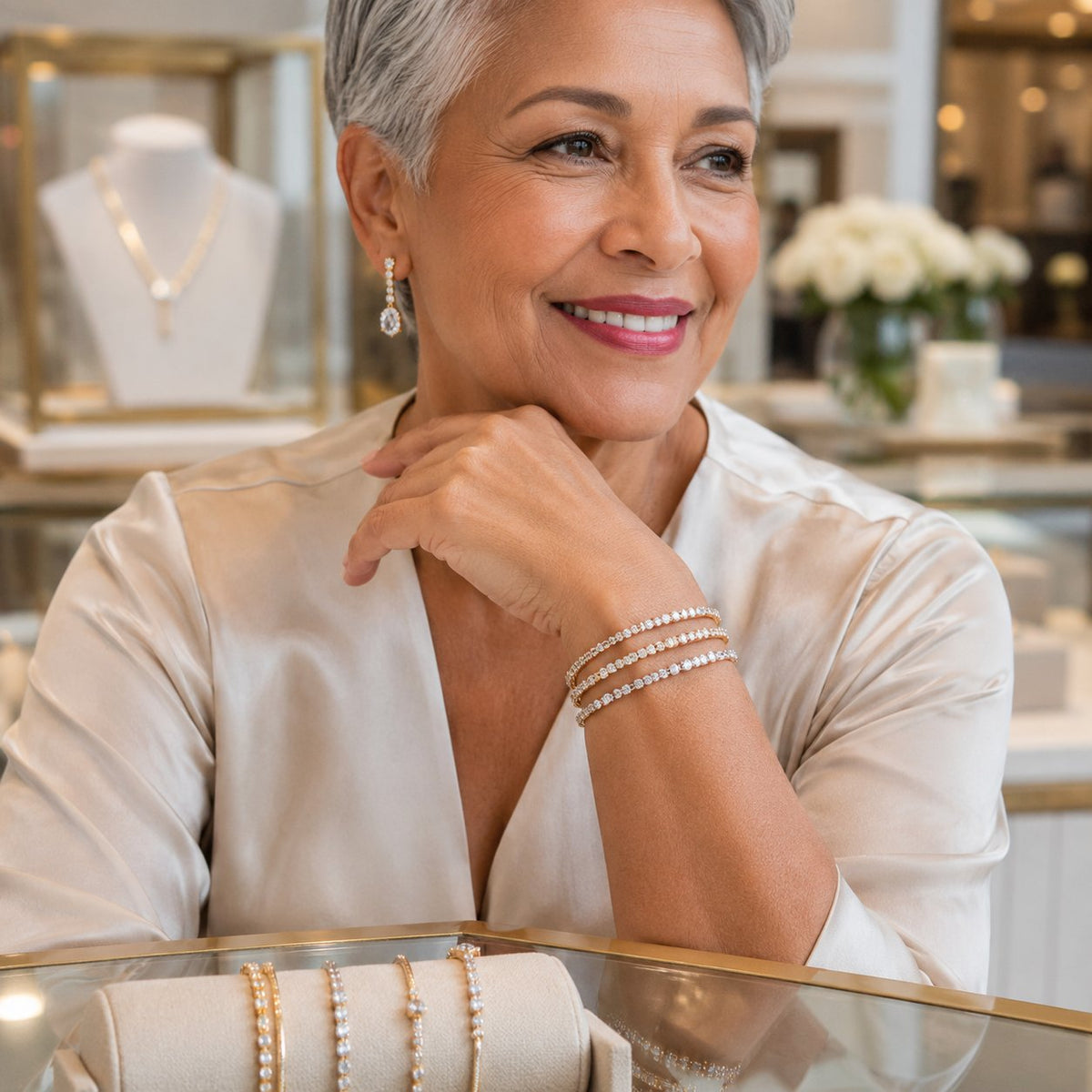 Stacked gold and silver line bracelets on a wrist showcasing how to wear a line bracelet alone or stacked from Robinson's Jewelers