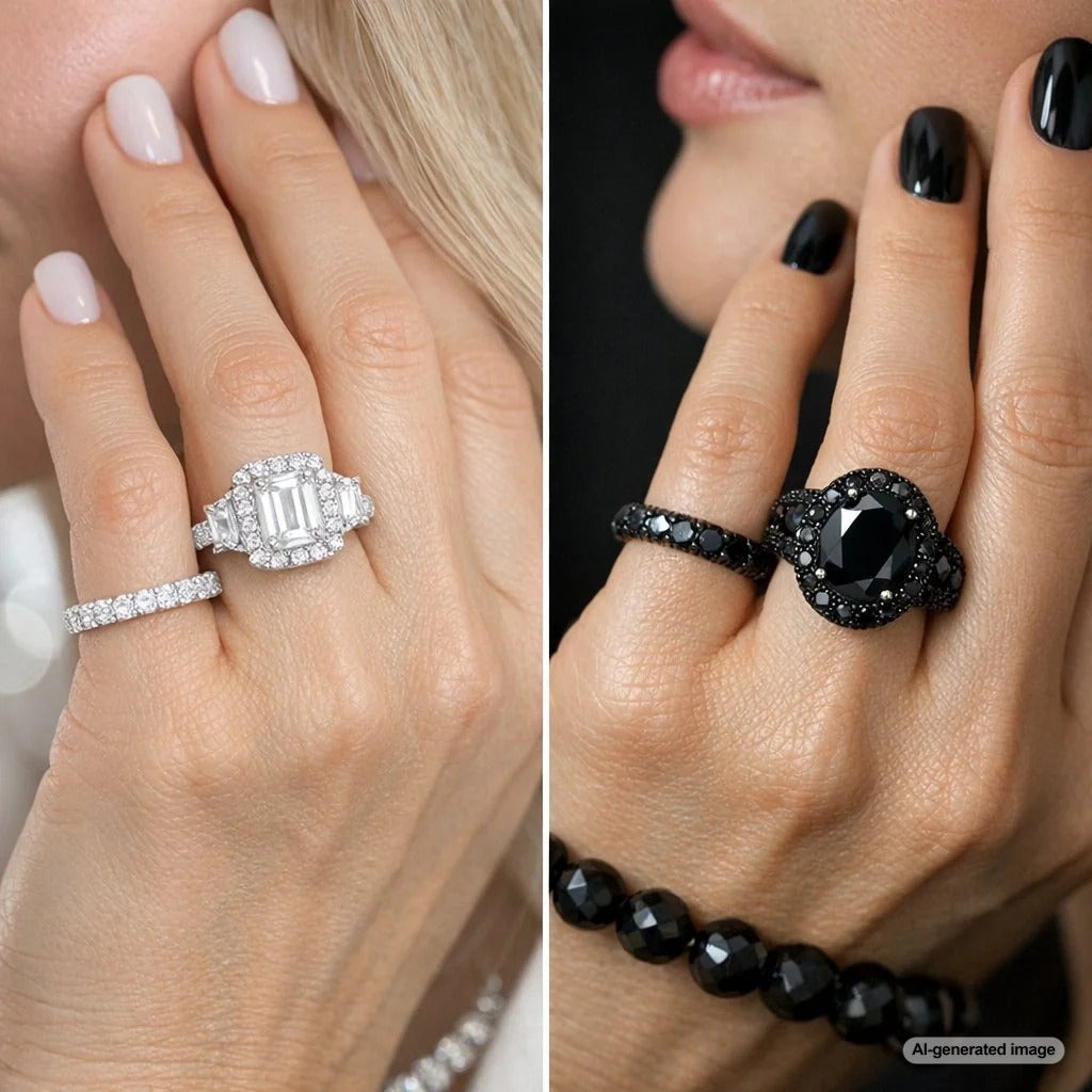 A sophisticated display of all-white and all-black jewelry on a model wearing a monochromatic outfit, showcasing a powerful and elegant style.