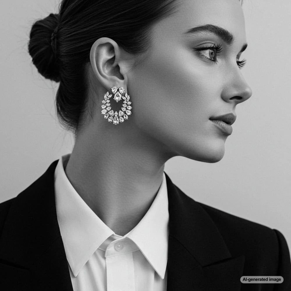 A stylish woman wearing bold statement earrings with a minimalist outfit.