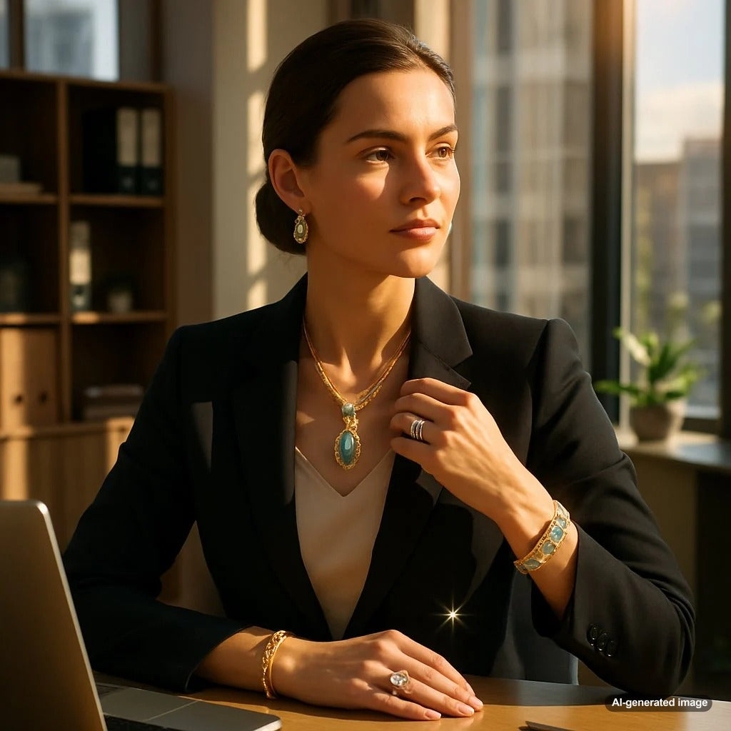 Elegant statement necklace paired with professional attire in office setting