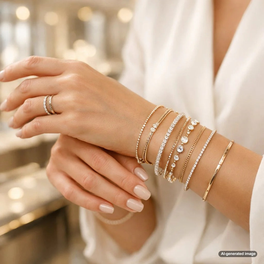 A stylish wrist stacked with multiple gold and diamond bracelets and bangles, showcasing the art of layered jewelry.