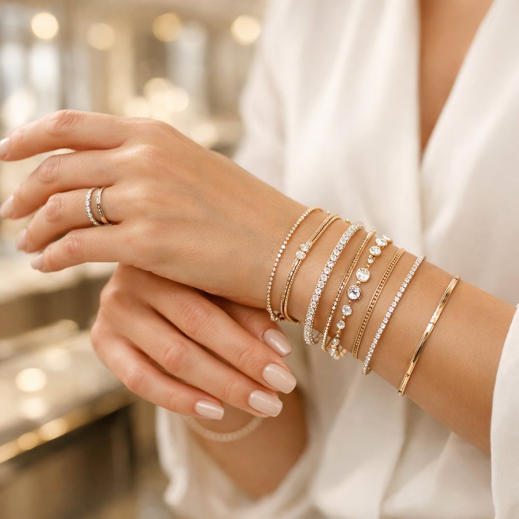 A stylish wrist stacked with multiple gold and diamond bracelets and bangles, showcasing the art of layered jewelry.