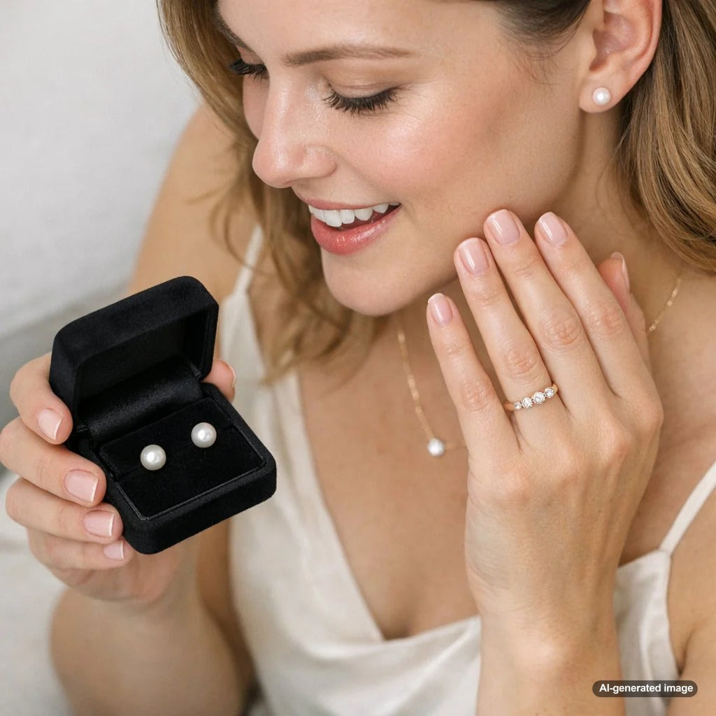 Young woman styling pearl studs with a casual denim jacket and messy bun, showing modern pearl fashion.