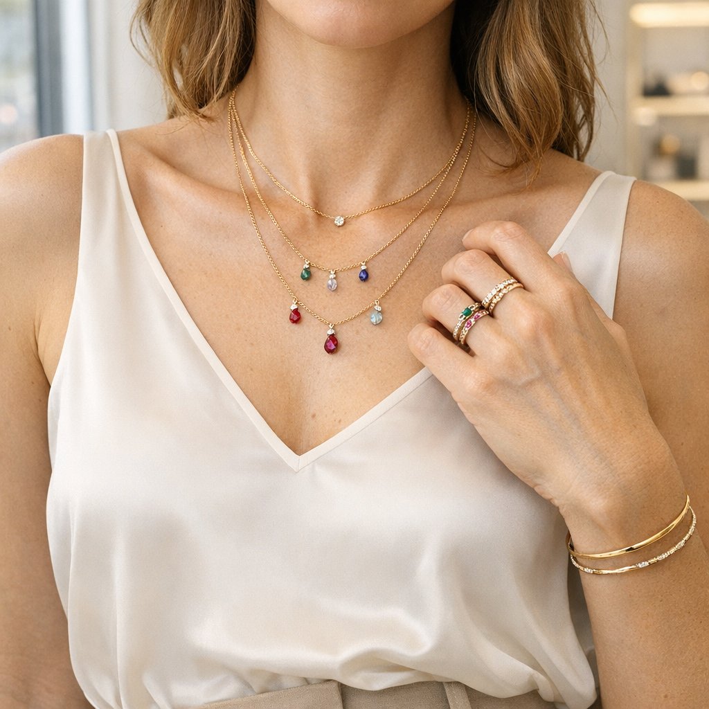 A woman's hand elegantly displaying a stack of gold rings, including a ring with a blue birthstone charm, representing a sophisticated way to wear sentimental children's birthstone jewelry.