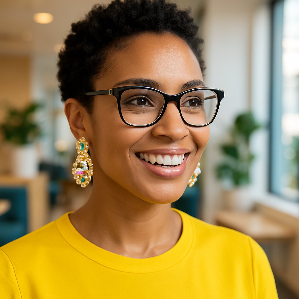 Woman wearing stylish glasses with beautiful statement earrings showing perfect proportional balance