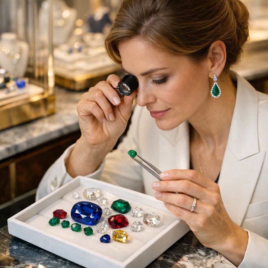 Close-up of various untreated natural gemstones including sapphire, ruby, and emerald in raw and polished states on a dark background.