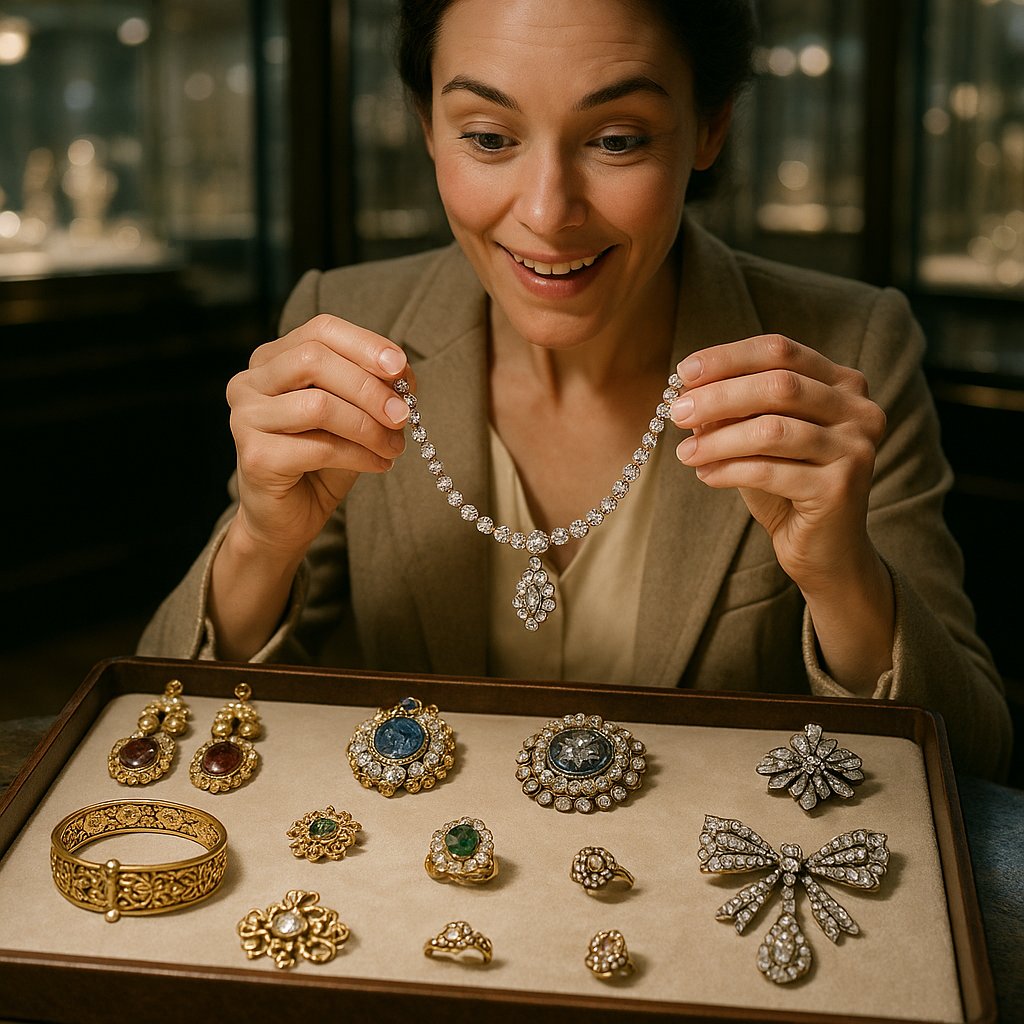 Close up of authentic Georgian era jewelry showing intricate metalwork and rose cut diamonds