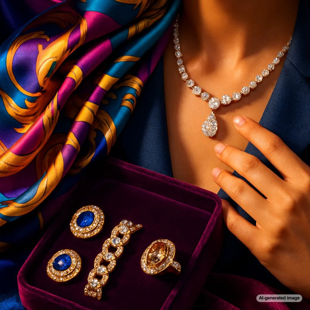 Luxury jewelry including rings and necklaces displayed on rich velvet and silk fabrics