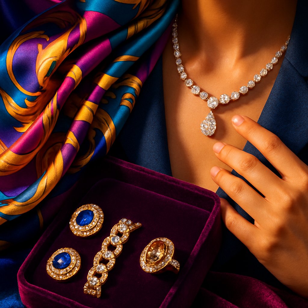 Luxury jewelry including rings and necklaces displayed on rich velvet and silk fabrics