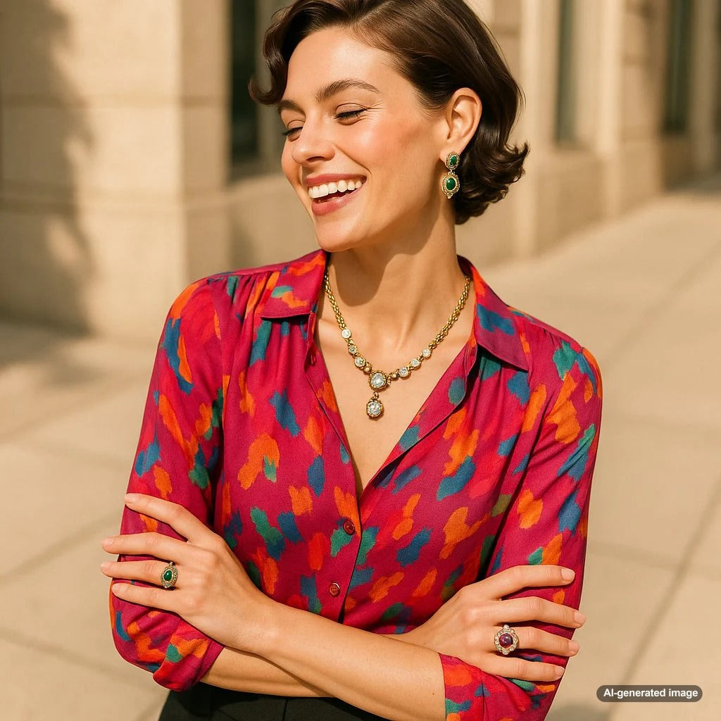 Modern woman wearing mixed vintage and contemporary jewelry including estate rings and modern bracelets