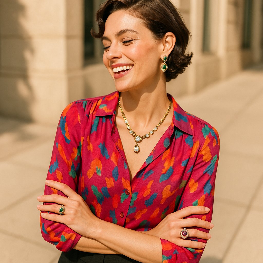 Modern woman wearing mixed vintage and contemporary jewelry including estate rings and modern bracelets