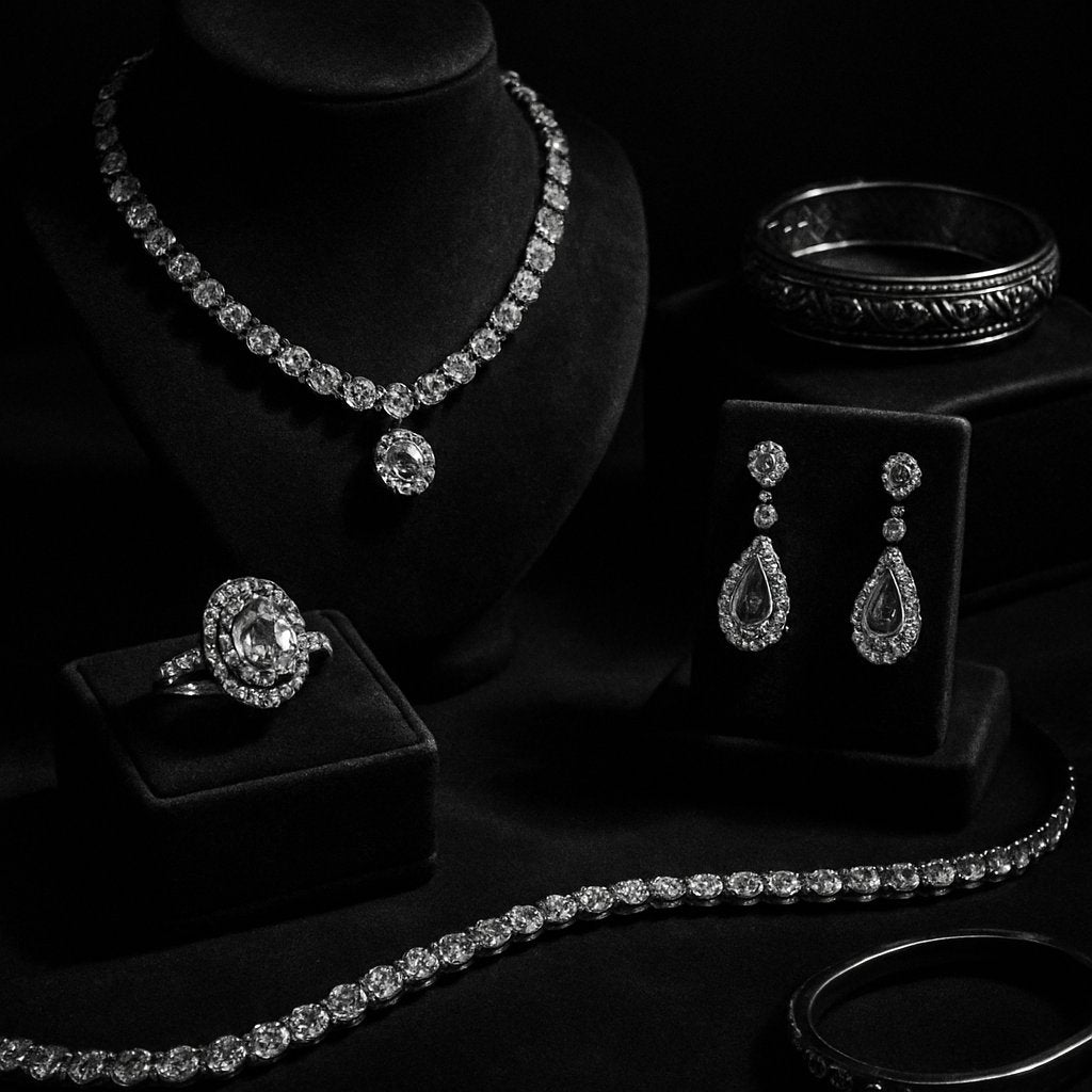 Luxury jewelry investment pieces including diamonds, sapphires, and designer collections