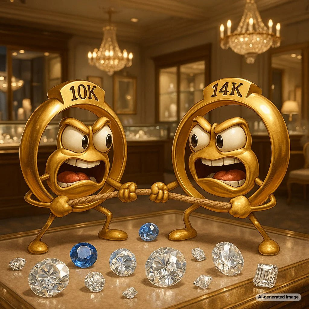 10k vs 14k gold comparison showing rings and necklaces