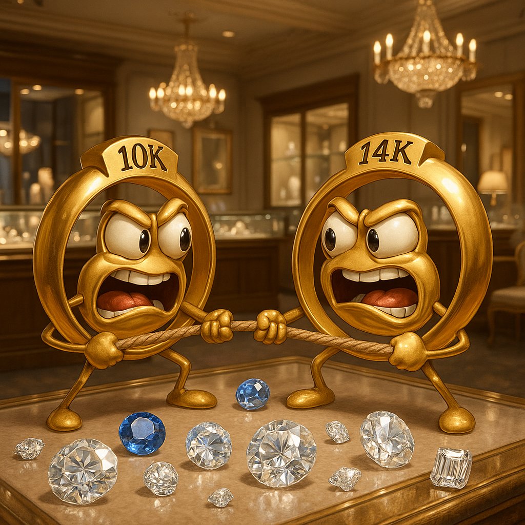 10k vs 14k gold comparison showing rings and necklaces