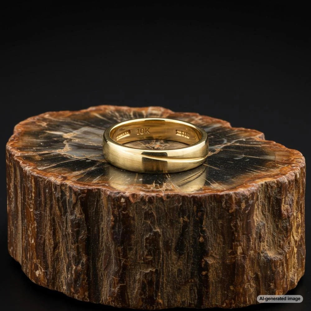 Close-up of a 10K gold ring with a hallmark stamp, showcasing its authenticity and craftsmanship