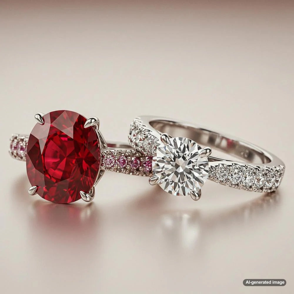 A vibrant red ruby and a dazzling diamond side by side, showcasing their brilliance and value in fine jewelry.