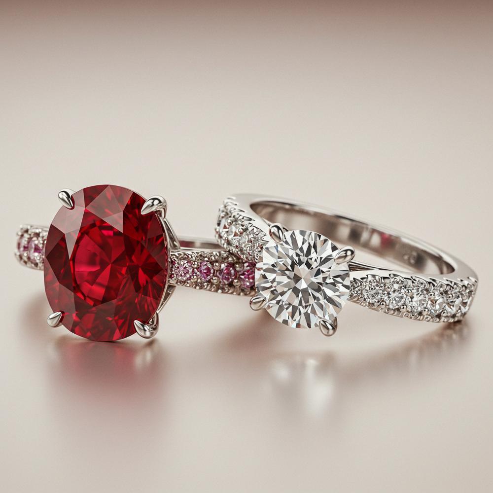 A vibrant red ruby and a dazzling diamond side by side, showcasing their brilliance and value in fine jewelry.