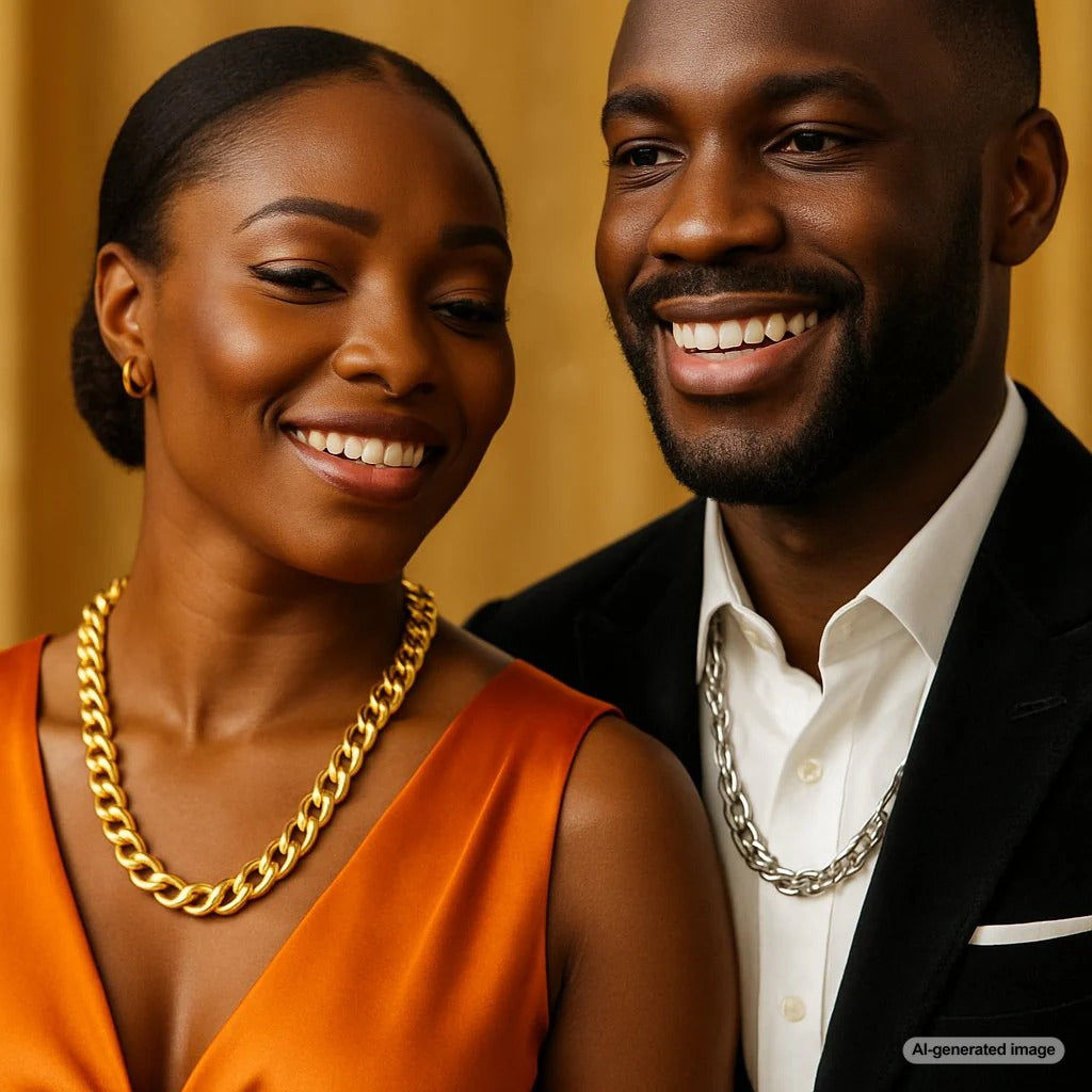 Stylish comparison of yellow gold and white gold chains on dark skin tones