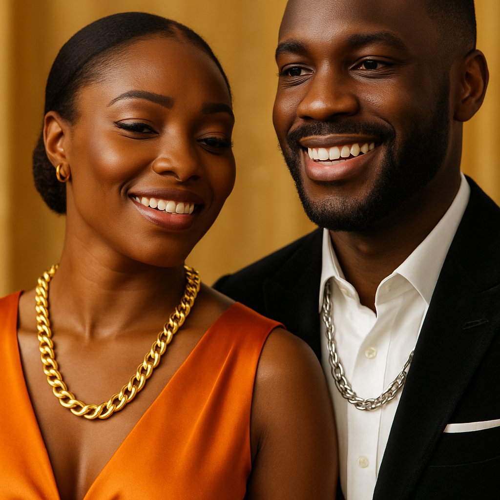 Stylish comparison of yellow gold and white gold chains on dark skin tones