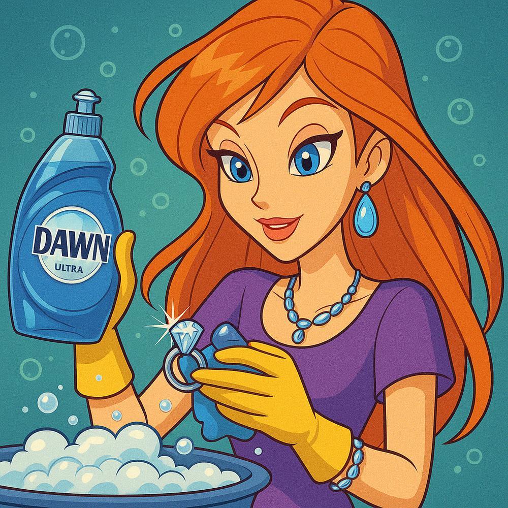 Woman cleaning diamond ring with Dawn dish soap and a soft brush