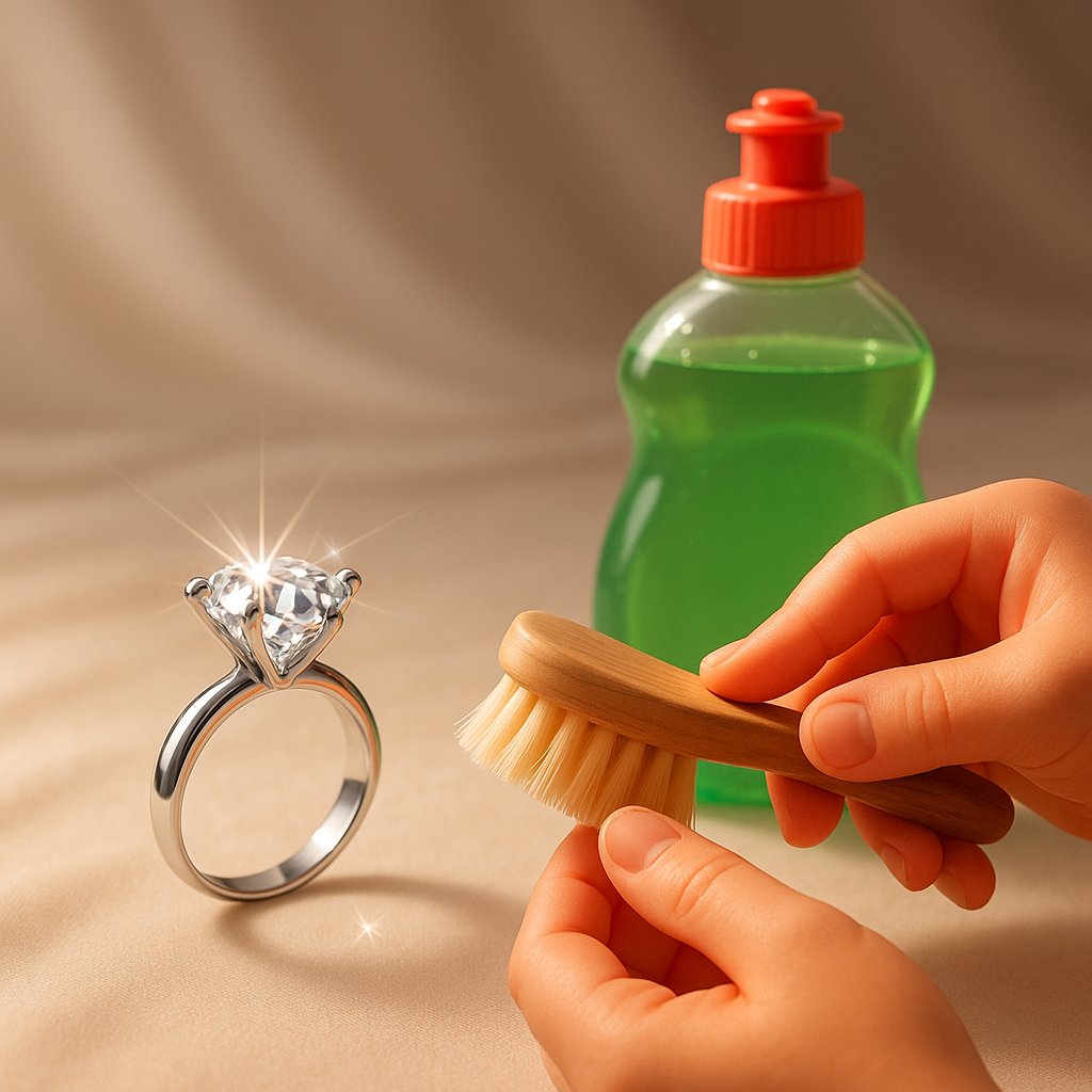 Diamond ring being cleaned with Dawn dish soap and a soft brush